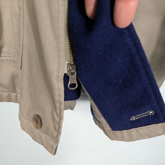 Vintage LL Bean Barn Jacket Mens L Tan Brown Leather Wool 80s 90s Chore Coat - Picture 7 of 16